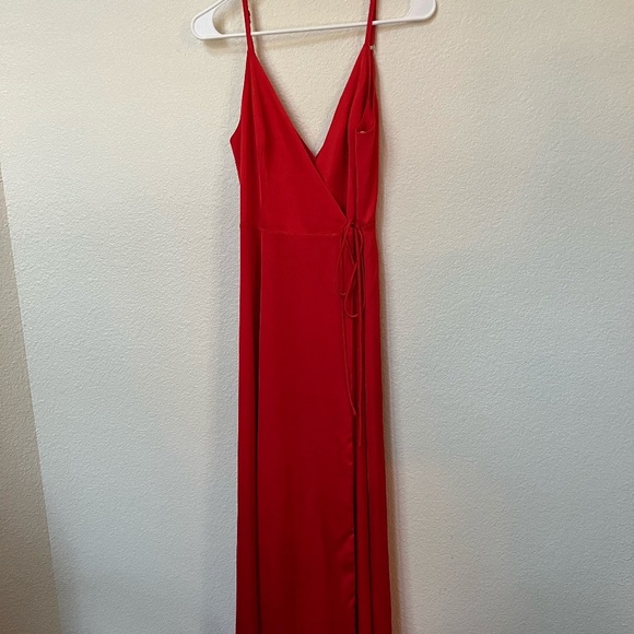 FAME & PARTNERS x FREE PEOPLE | Red Bond Maxi Wrap Dress w Thigh Slit | Size 4 - Picture 2 of 12